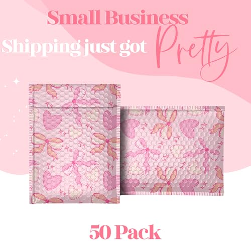 Pretty Package Store 4x7 Designer Bubble Poly Mailer 50 Pack Heavy Duty Waterproof Self Seal Shipping Bags for Small Business Large Mailing Envelopes Bulk Tear Resistant Padded Pink Coquette Bubble Mailer - Image 2