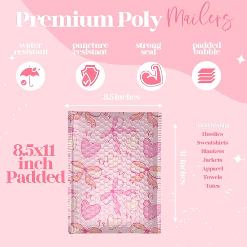 Pretty Package Store 4x7 Designer Bubble Poly Mailer 50 Pack Heavy Duty Waterproof Self Seal Shipping Bags for Small Business Large Mailing Envelopes Bulk Tear Resistant Padded Pink Coquette Bubble Mailer - Image 5