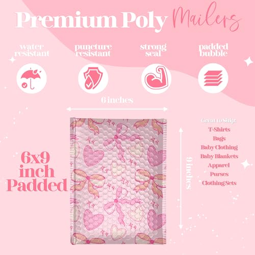 Pretty Package Store 4x7 Designer Bubble Poly Mailer 50 Pack Heavy Duty Waterproof Self Seal Shipping Bags for Small Business Large Mailing Envelopes Bulk Tear Resistant Padded Pink Coquette Bubble Mailer - Image 4