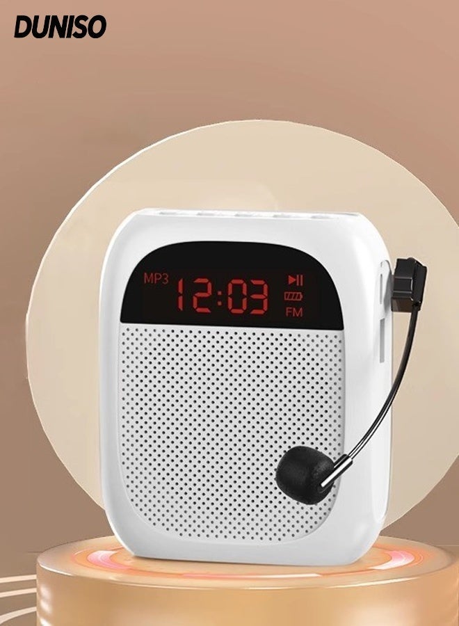 DUNISO Portable Voice Amplifier , Portable Rechargeable PA System , Personal Microphone Speech AmplifierWith Wired Microphone Headphones,Equipped With Led Display And Belt, Suitable For Tour Guides, Teachers, Yoga, Fitness，White - Image 1