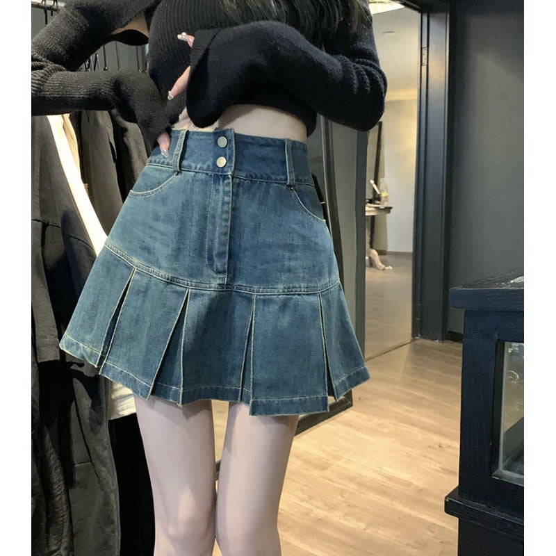 American Style Denim Skirt New Summer Petite Flounce High Waist Mid Skirt Solid Blue 