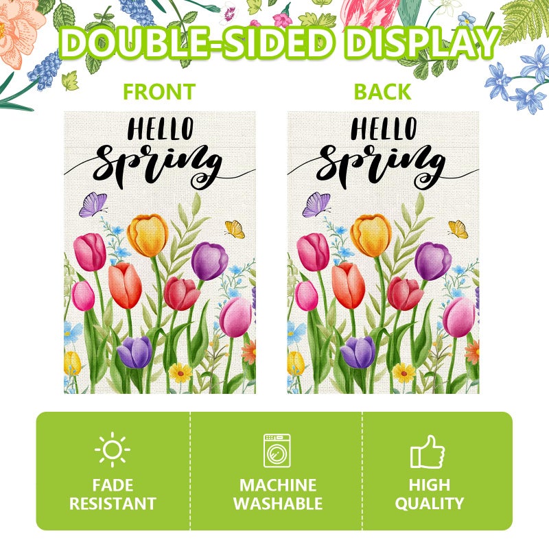 Agroon Hello Spring Garden Flag 12x18 Inch, Double Sided Colorful Tulips Flag, Seasonal Flower Yard Outdoor Decoration - Image 5