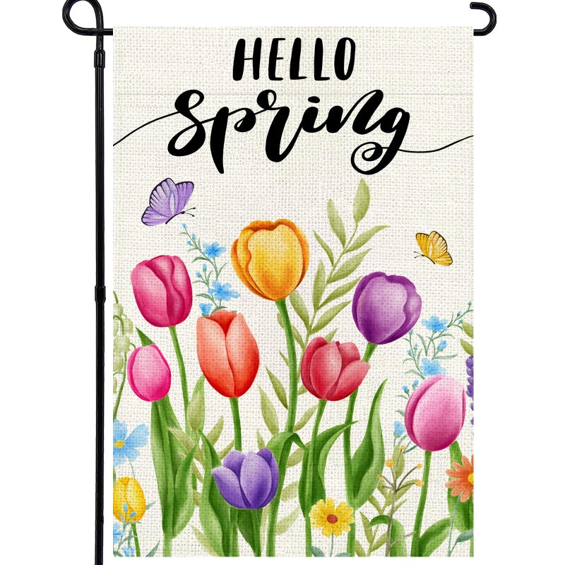 Agroon Hello Spring Garden Flag 12x18 Inch, Double Sided Colorful Tulips Flag, Seasonal Flower Yard Outdoor Decoration - Image 1
