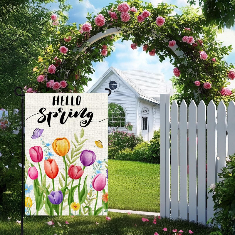 Agroon Hello Spring Garden Flag 12x18 Inch, Double Sided Colorful Tulips Flag, Seasonal Flower Yard Outdoor Decoration - Image 2