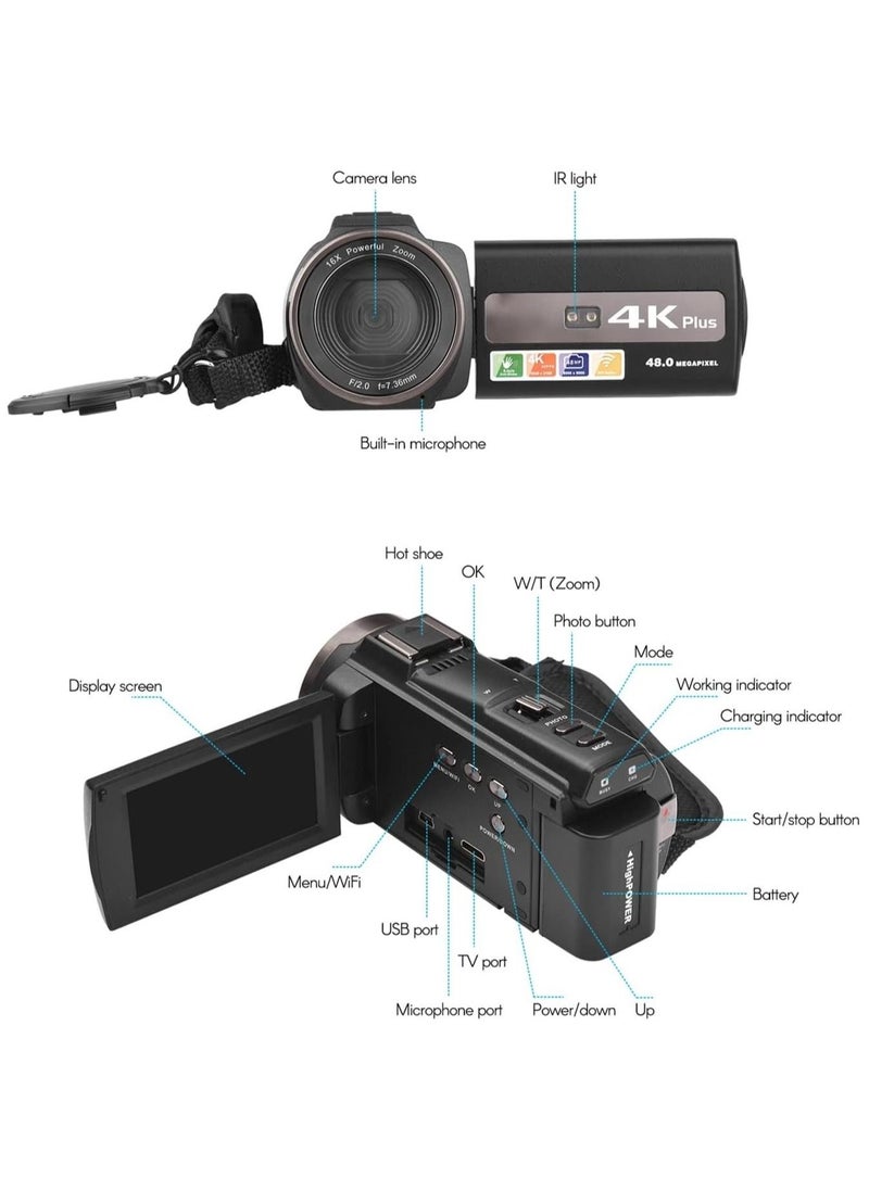 ارواق كاميرا فيديو رقمية WiFi 4K / 60FPS 48MP HD مسجل كاميرا فيديو مع تكبير 16X بطاريات تعمل باللمس 3 بوصة وجهاز تحكم عن بعد  - Image 2