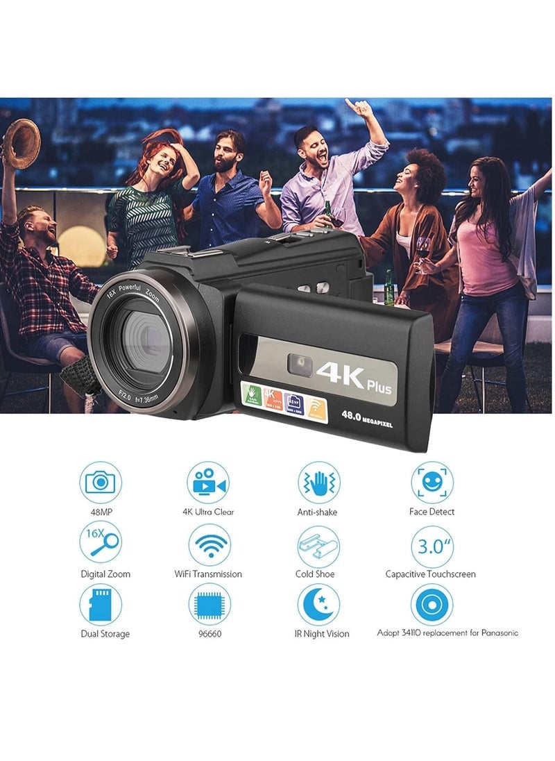 ارواق كاميرا فيديو رقمية WiFi 4K / 60FPS 48MP HD مسجل كاميرا فيديو مع تكبير 16X بطاريات تعمل باللمس 3 بوصة وجهاز تحكم عن بعد  - Image 5
