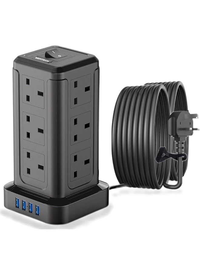 PROMASS promass 5-meter 16-In-1 Power Extension Cord Tower,12 UK-UAE Power Sockets, Desktop Charging Station 2500W, 4 Smart USB Slots Surge Protected Fire Proof, Heavy Duty Lead Strip for Office Supplies  - Image 1