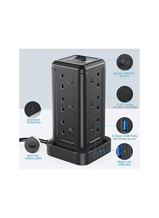 PROMASS promass 5-meter 16-In-1 Power Extension Cord Tower,12 UK-UAE Power Sockets, Desktop Charging Station 2500W, 4 Smart USB Slots Surge Protected Fire Proof, Heavy Duty Lead Strip for Office Supplies  - Image 2