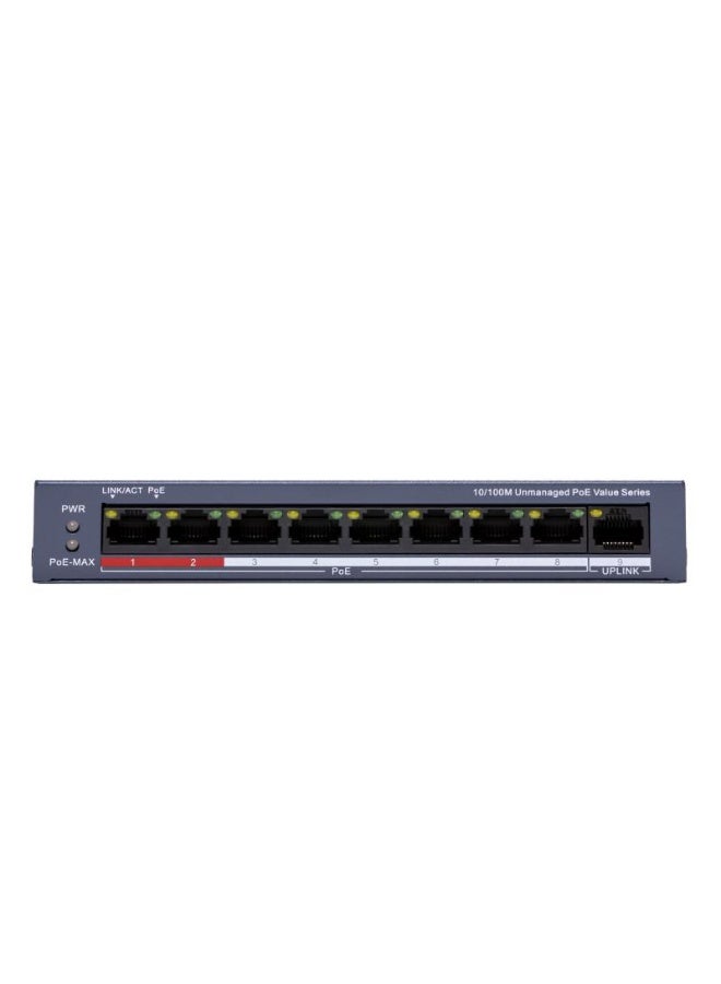 هيك فيجن DS-3E0109P-E/M-C+ مفتاح PoE غير مُدار بـ 8 منافذ 10/100Mbps، طاقة إجمالية 80W، IEEE 802.3af/at، 1 منفذ Uplink، حماية من الارتفاعات الكهربائية 6kV، مدى طويل يصل إلى 300م، تركيب على المكتب/الجدار، توصيل وتشغيل | DS-3E0109P-E/M(C) - Image 2