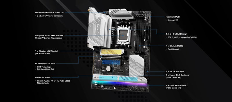 ASRock AMD B850 Pro RS WiFi 6E Socket AM5 Ryzen 9000/8000/7000 Series DDR5 up to 8000+ (OC) MHz 256GB ATX Motherboard M.2 SATA3 6.0 Gb/s PCIe 5.0 BIOS Flashback 2.5G LAN - Image 3