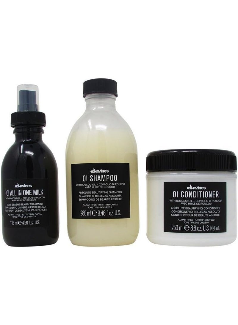 Davines OI Trio Hair Care Set, OI Shampoo 250ml, OI Conditioner 250ml & OI All In One Milk 135ml, Anti-Frizz Care for Softness, Shine & Smooth Hair - Image 1