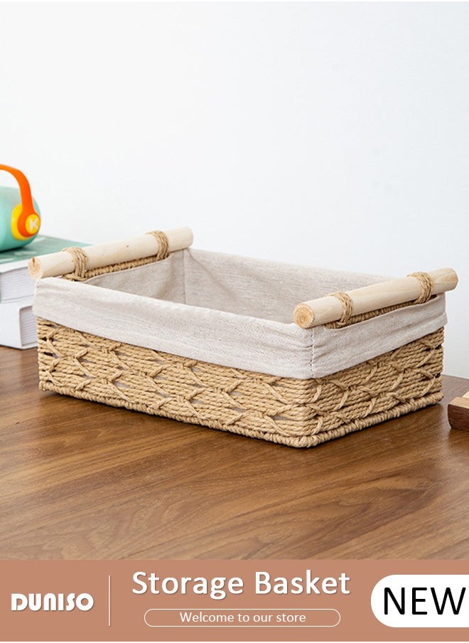 DUNISO Round Paper Rope Storage Basket, Woven Home Storage Baskets with Washable Liner, Wicker Baskets for Organizing with Handle, Countertop Decorative Box, Toilet Paper Basket for Toilet Tank Top, Decorative Basket for Bedroom Living Room Apartment  - Image 1