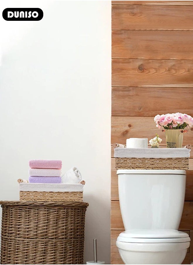 DUNISO Round Paper Rope Storage Basket, Woven Home Storage Baskets with Washable Liner, Wicker Baskets for Organizing with Handle, Countertop Decorative Box, Toilet Paper Basket for Toilet Tank Top, Decorative Basket for Bedroom Living Room Apartment  - Image 3