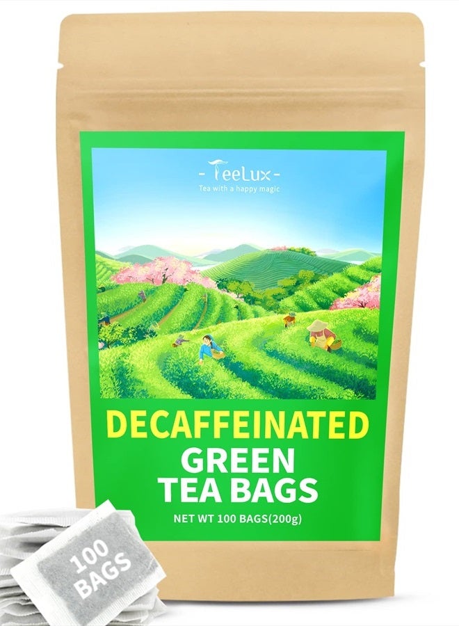 TeeLux أكياس شاي أخضر خالي من الكافيين، شاي أخضر نقي خالي من الكافيين، مضاد أكسدة فائق، 100 كيس شاي للشاي الساخن والبارد - Image 1