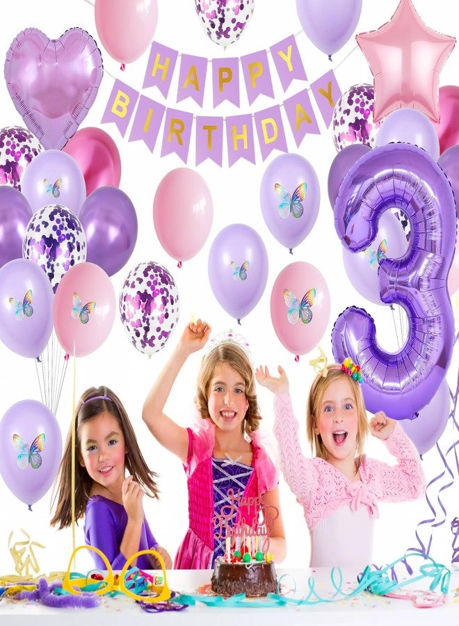 Vibzox 3rd Birthday Decoration for Girls,Pink Purple 3rd Birthday Balloon Number 3 Balloon with Butterfly Stickers Star Heart Foil Balloon Banner Princess Party Decoration for 3 Year Old Party - Image 4