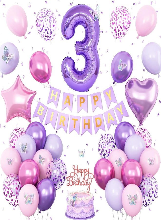 Vibzox 3rd Birthday Decoration for Girls,Pink Purple 3rd Birthday Balloon Number 3 Balloon with Butterfly Stickers Star Heart Foil Balloon Banner Princess Party Decoration for 3 Year Old Party - Image 1