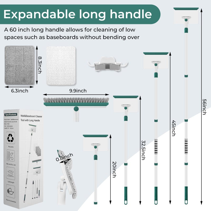 wlich Baseboard Cleaner Tool with Handle, 60" Extendable Long Handle Baseboard Cleaner with 5 Reusable Pads for Baseboards Cleaning, Ceiling, Wall, Floor, Bathroom, Kitchen - Image 2