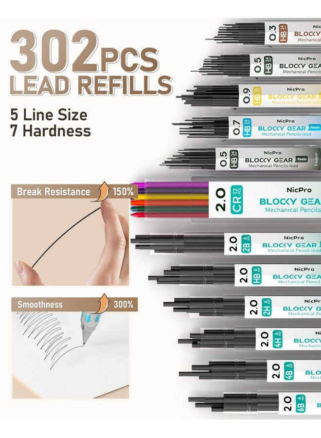 Nicpro 36Pcs Blocky Gear Mechanical Pencil Set With Case, Metal Mechanical Pencils 0.3, 0.5, 0.7, 0.9, 2Mm Lead Holder For Art Drawing Sketching With 21 Tubes (6B 4B 2B Hb 2H 4H Colors) Lead Refills - Image 2