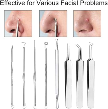 Pinkiou Blackhead Removers Comedone Pimple Removal Extractors Acne Blemish Needles Tool Kit Nose Face Skincare 8in1 with Metal Case - Image 4