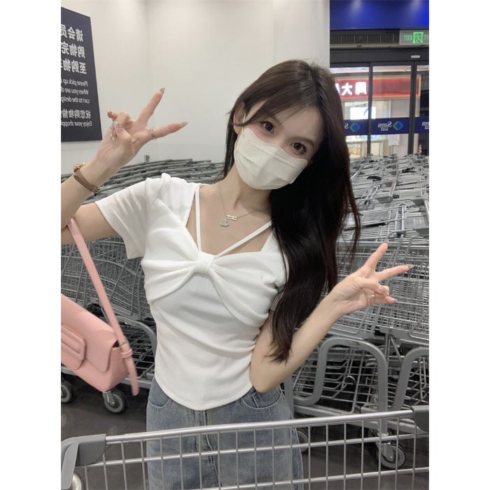 Chic Square Collar Short-Sleeved T-Shirt Women'S Summer Korean Style Arrival Bow Design Sense Slim-Fit Slim-Fit Top Ins - Image 1