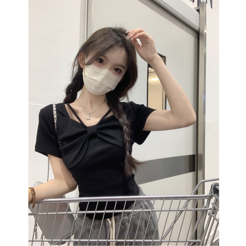 Chic Square Collar Short-Sleeved T-Shirt Women'S Summer Korean Style Arrival Bow Design Sense Slim-Fit Slim-Fit Top Ins - Image 3