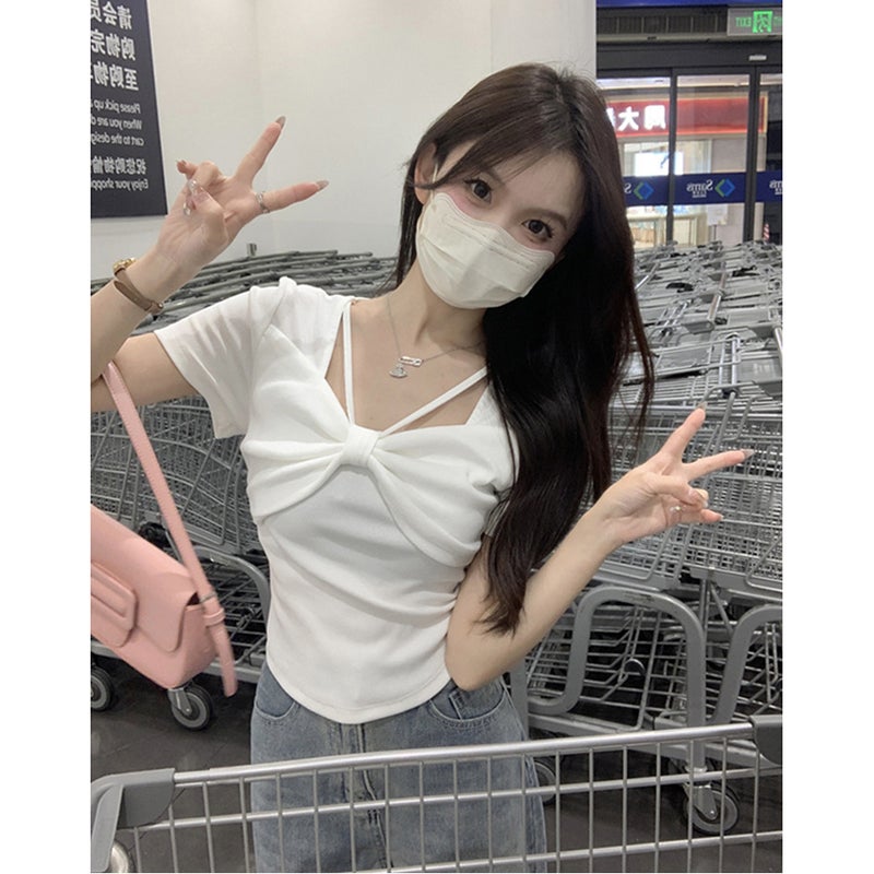 Chic Square Collar Short-Sleeved T-Shirt Women'S Summer Korean Style Arrival Bow Design Sense Slim-Fit Slim-Fit Top Ins - Image 4