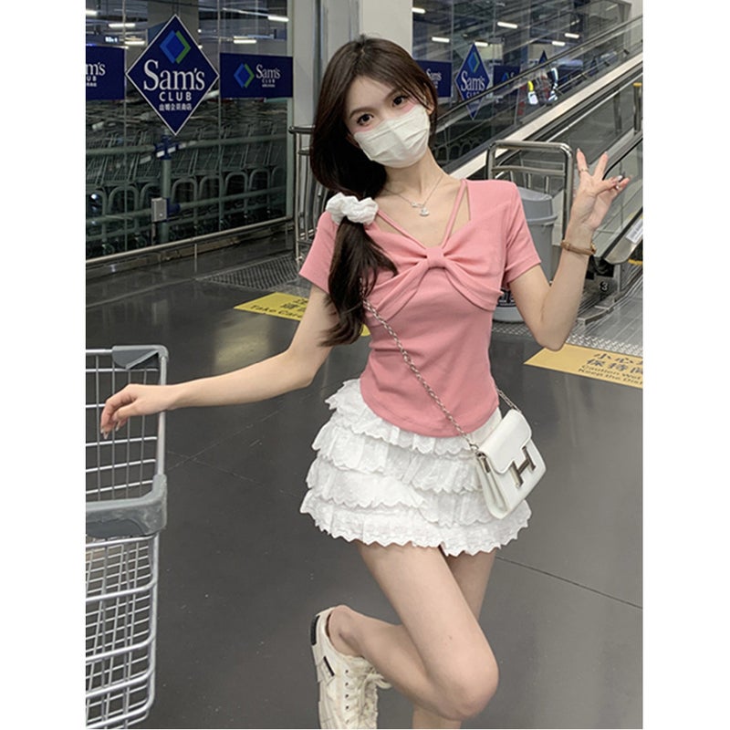 Chic Square Collar Short-Sleeved T-Shirt Women'S Summer Korean Style Arrival Bow Design Sense Slim-Fit Slim-Fit Top Ins - Image 5