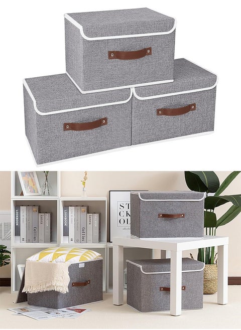 3PCS Large Clothes Storage Bins, Collapsible Storage Box with Handle, Linen Foldable Organizer for Toys, Clothes, Books (Grey-38x25x25cm)