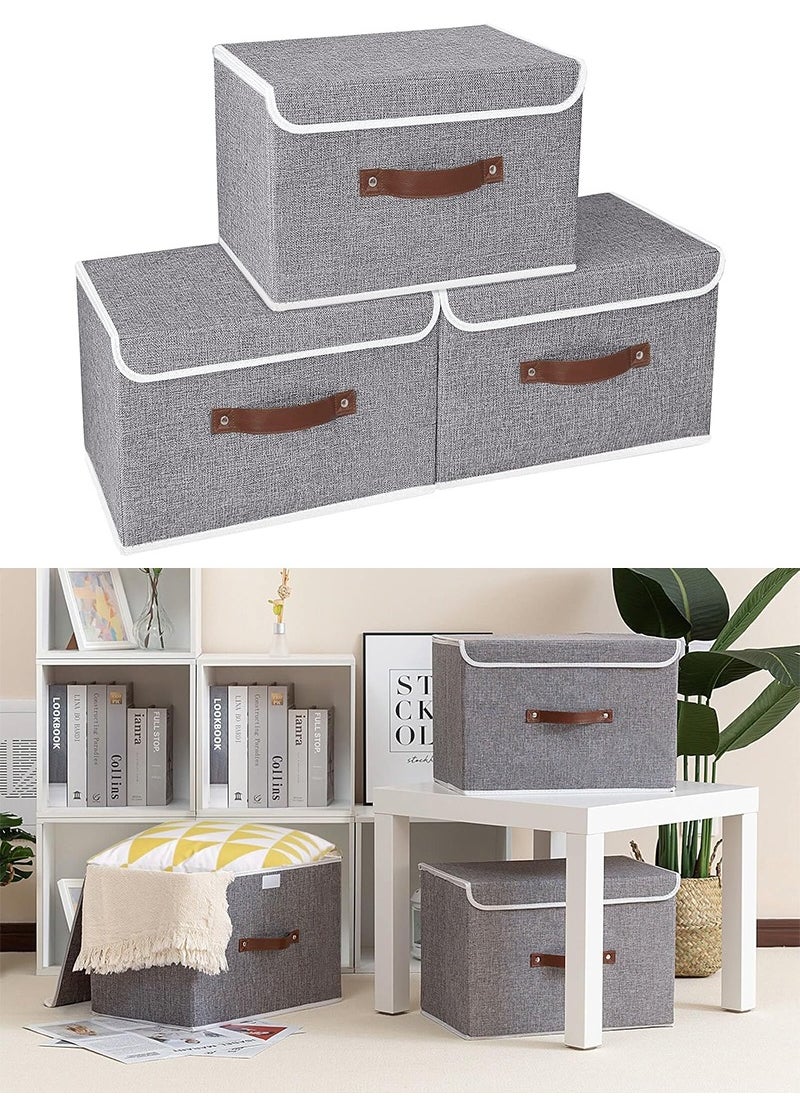 TAPIT - 3PCS Large Clothes Storage Bins, Collapsible Storage Box with Handle, Linen Foldable Organizer for Toys, Clothes, Books (Grey-38x25x25cm) - Image 1