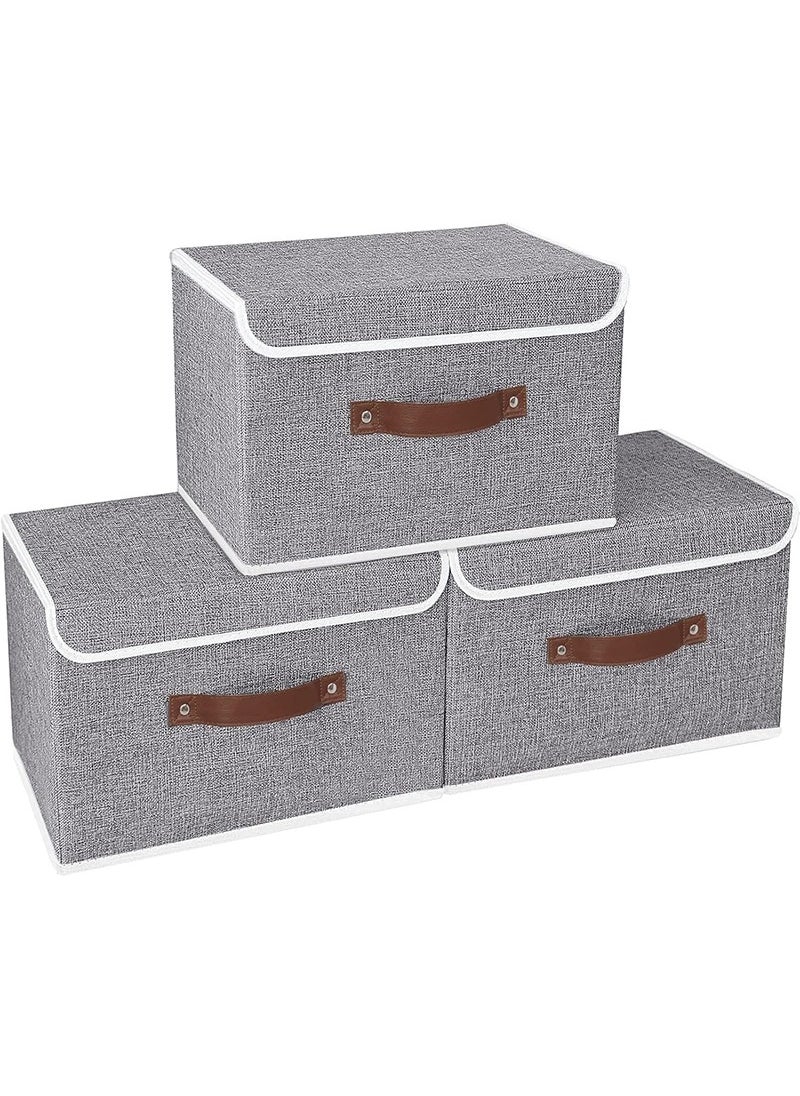 TAPIT - 3PCS Large Clothes Storage Bins, Collapsible Storage Box with Handle, Linen Foldable Organizer for Toys, Clothes, Books (Grey-38x25x25cm) - Image 1