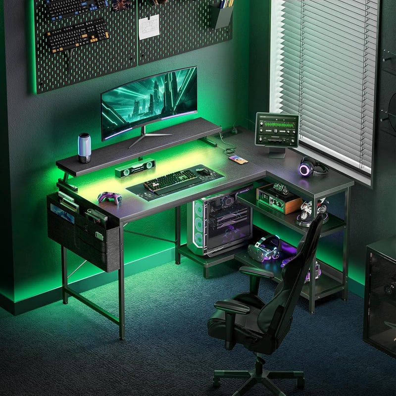 Coleshome L Shaped Gaming Desk with LED Lights, 100 × 70 cm Computer Desk with Power Outlet, Reversible Corner Gaming Table with Storage Shelves & Monitor Stand, Black - Image 2