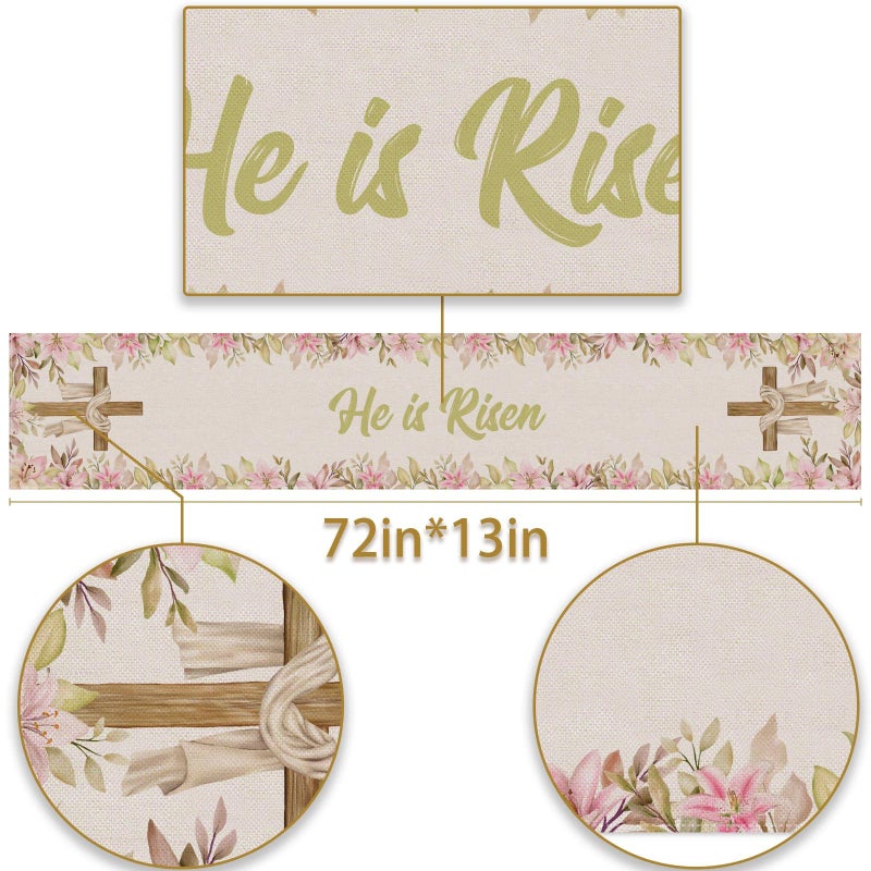Pudodo He is Risen Table Runner Easter Christian Cross Resurrection Lily Spring Holiday Party Kitchen Dining Home Decoration (13" x 72") - Image 2
