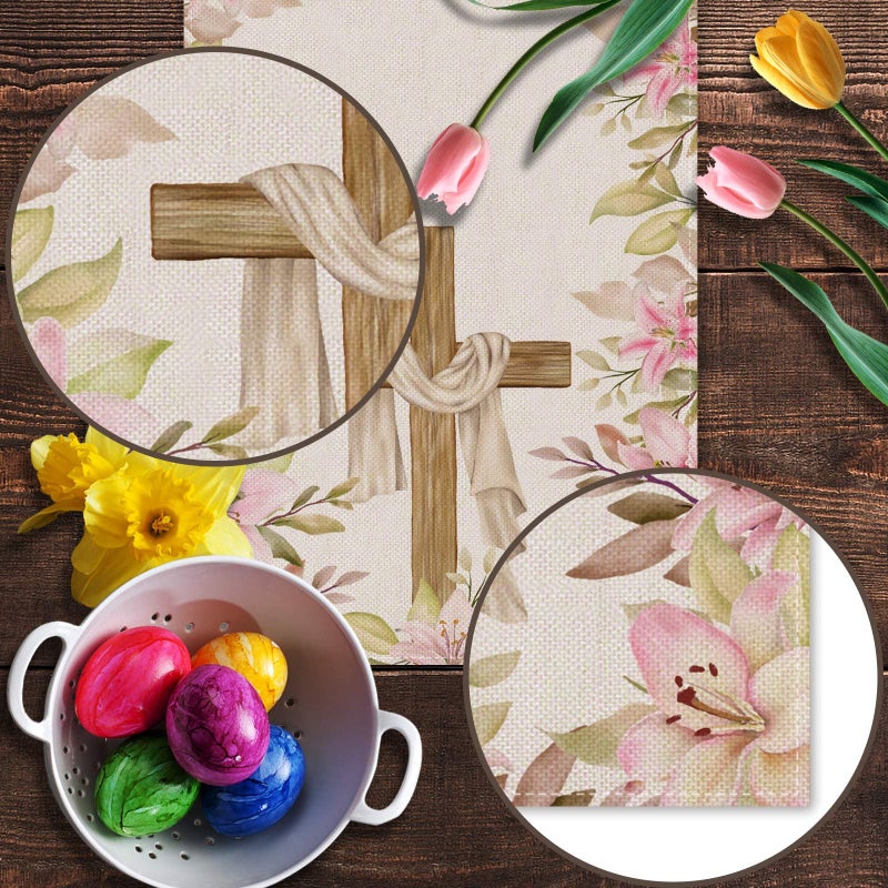 Pudodo He is Risen Table Runner Easter Christian Cross Resurrection Lily Spring Holiday Party Kitchen Dining Home Decoration (13" x 72") - Image 5