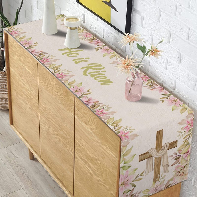 Pudodo He is Risen Table Runner Easter Christian Cross Resurrection Lily Spring Holiday Party Kitchen Dining Home Decoration (13" x 72") - Image 4