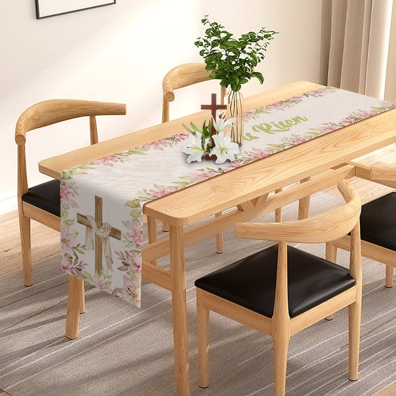 Pudodo He is Risen Table Runner Easter Christian Cross Resurrection Lily Spring Holiday Party Kitchen Dining Home Decoration (13" x 72") - Image 3