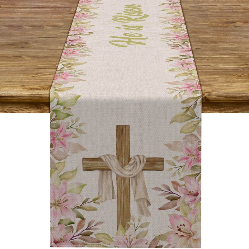 Pudodo He is Risen Table Runner Easter Christian Cross Resurrection Lily Spring Holiday Party Kitchen Dining Home Decoration (13" x 72") - Image 1