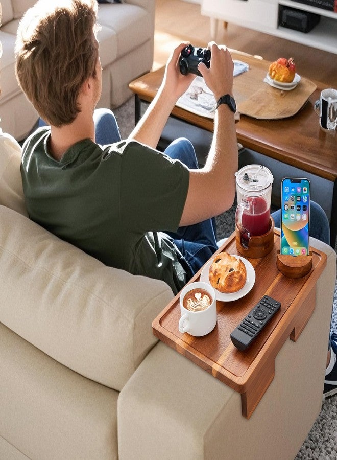 GEHE Real Acacia Wood Couch Armrest Table, 15.4"x9.8" Couch Arm Tray Table, 3 in 1 Removable Sofa Cup Holder wtih 360° Rotated Phone Holder, Clip on Armrest Tray for Drinks, Snacks, Phone, Control - Image 4