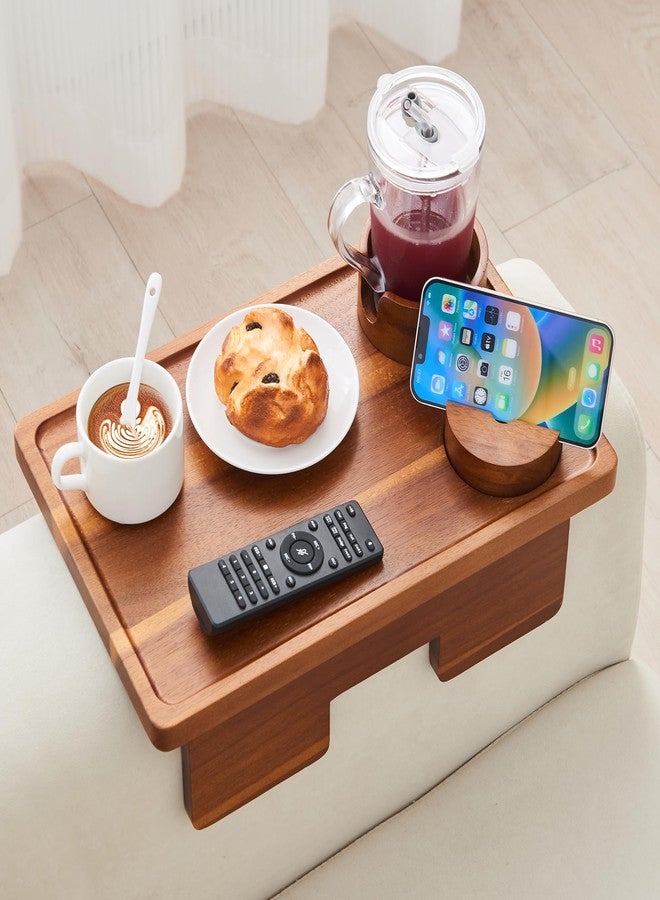 GEHE Real Acacia Wood Couch Armrest Table, 15.4"x9.8" Couch Arm Tray Table, 3 in 1 Removable Sofa Cup Holder wtih 360° Rotated Phone Holder, Clip on Armrest Tray for Drinks, Snacks, Phone, Control - Image 1