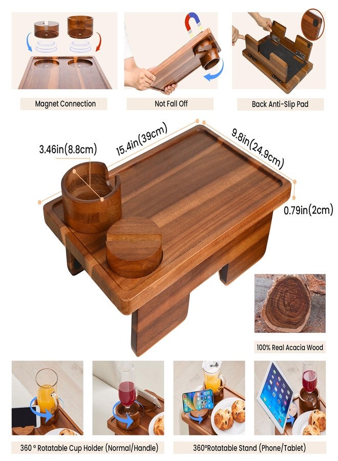 GEHE Real Acacia Wood Couch Armrest Table, 15.4"x9.8" Couch Arm Tray Table, 3 in 1 Removable Sofa Cup Holder wtih 360° Rotated Phone Holder, Clip on Armrest Tray for Drinks, Snacks, Phone, Control - Image 5