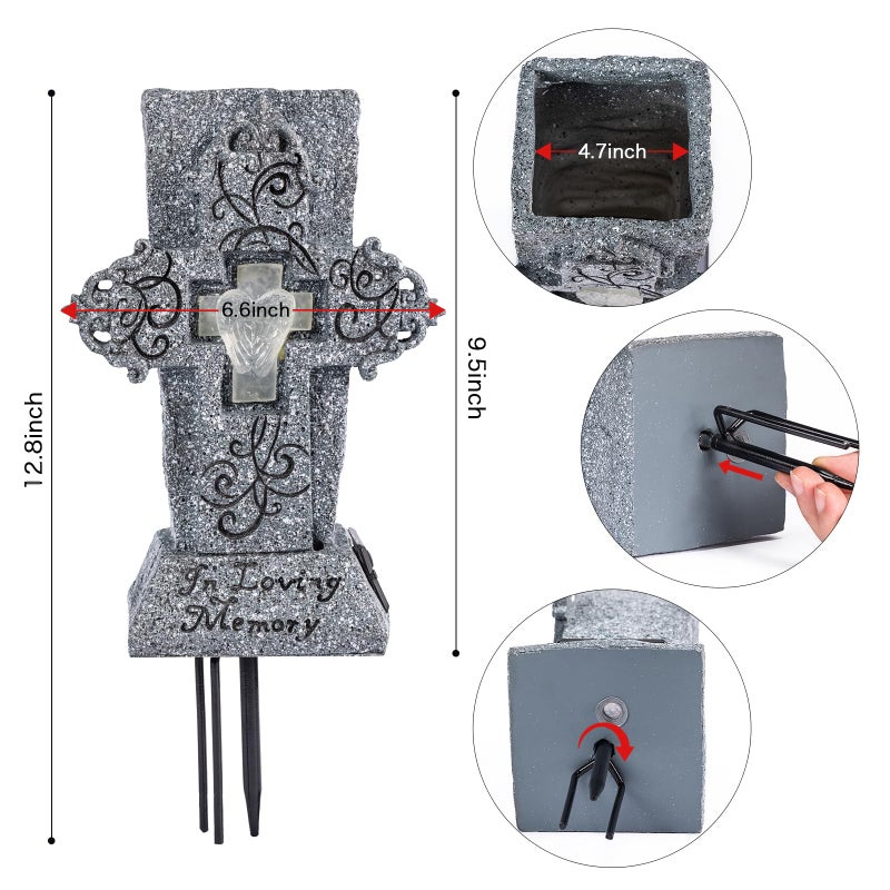 HUYIENO Solar Cemetery Vase with LED for Fresh/Artificial Flowers Grave Flower Cross Vase Headstones Vases with Spikes Gravestone Decor Memorial Gifts for Loss of Loved One - Image 4
