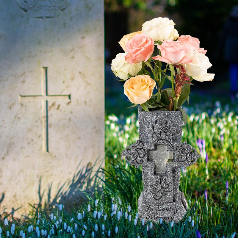 HUYIENO Solar Cemetery Vase with LED for Fresh/Artificial Flowers Grave Flower Cross Vase Headstones Vases with Spikes Gravestone Decor Memorial Gifts for Loss of Loved One - Image 3