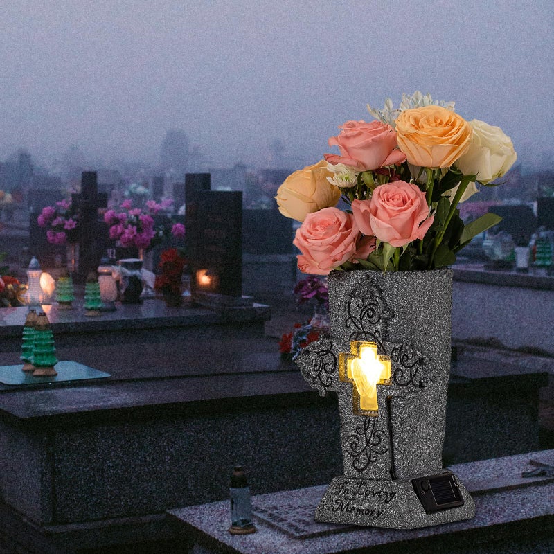 HUYIENO Solar Cemetery Vase with LED for Fresh/Artificial Flowers Grave Flower Cross Vase Headstones Vases with Spikes Gravestone Decor Memorial Gifts for Loss of Loved One - Image 2