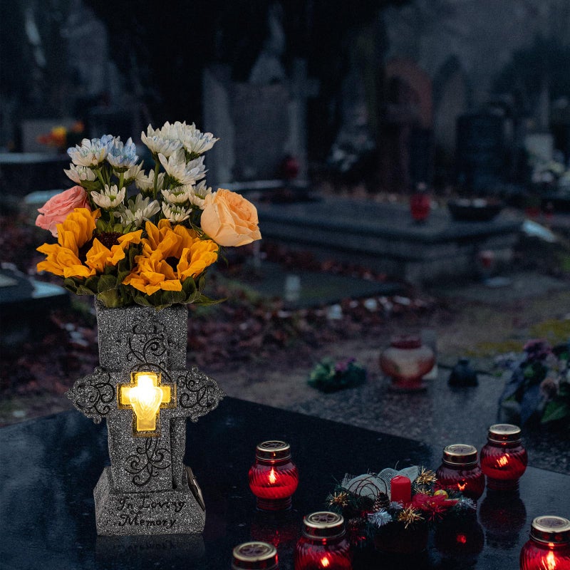 HUYIENO Solar Cemetery Vase with LED for Fresh/Artificial Flowers Grave Flower Cross Vase Headstones Vases with Spikes Gravestone Decor Memorial Gifts for Loss of Loved One - Image 5