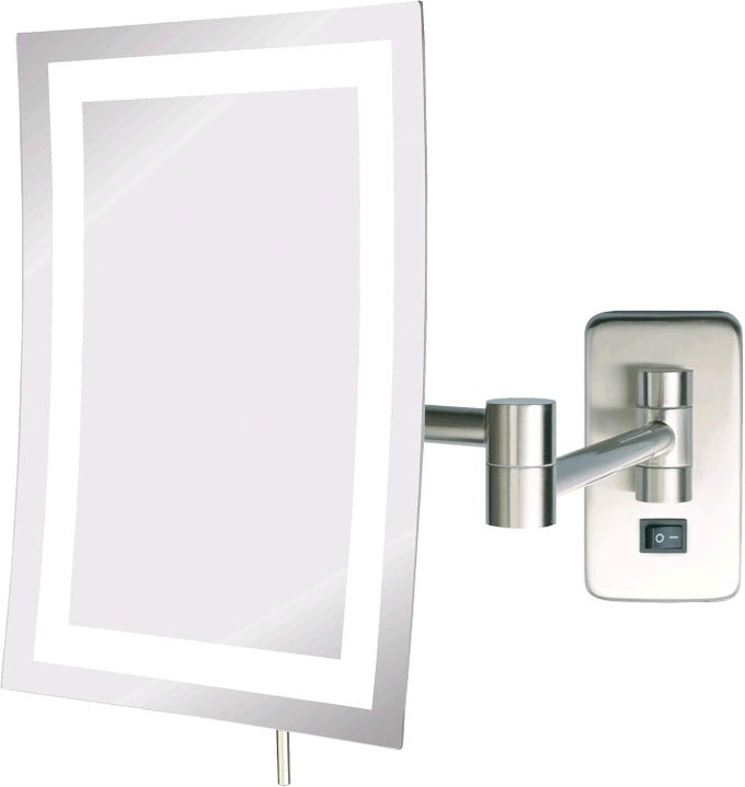 RECTANGULAR 6.5-INCH X 9-INCH WALL MOUNT MIRROR - MAKEUP MIRROR WITH 5X MAGNIFICATION AND 15.5-INCH WALL EXTENSION - NICKEL FINISH, DIRECT WIRE MIRROR - MODEL JRT710NLD