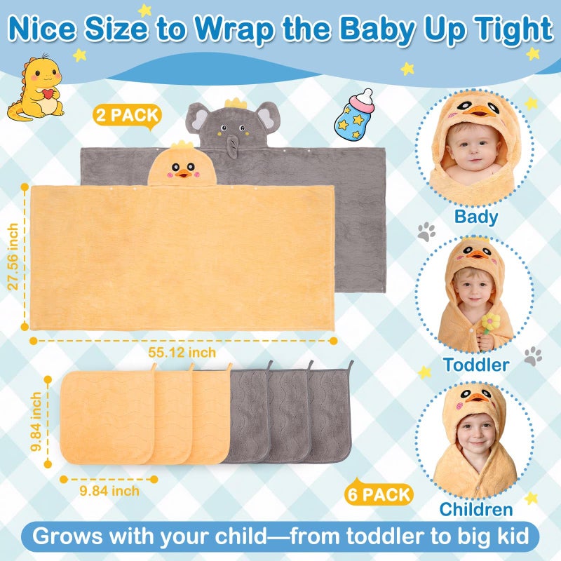 Flasoo 8 Pcs Toddler Bath Towel Set, 2 Pcs Toddler Towels with Hood, Large 55" x 27.5" Toddler Towels & 6 Pcs Baby Washcloths for Boy Girl, Soft Absorbent Gift for Baby, Infant, Newborn Essential - Image 3