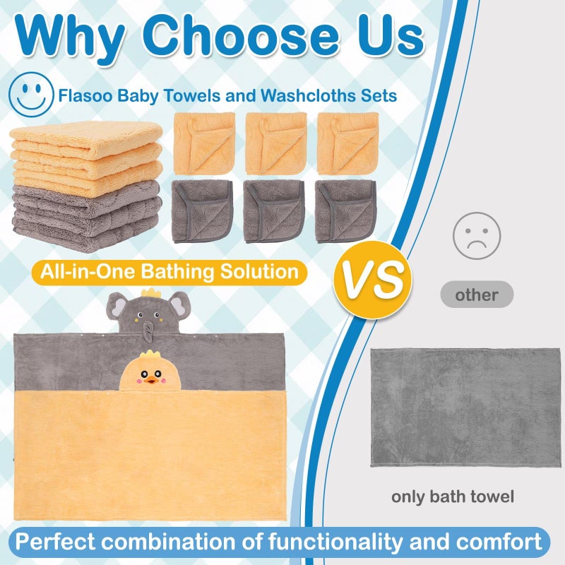 Flasoo 8 Pcs Toddler Bath Towel Set, 2 Pcs Toddler Towels with Hood, Large 55" x 27.5" Toddler Towels & 6 Pcs Baby Washcloths for Boy Girl, Soft Absorbent Gift for Baby, Infant, Newborn Essential - Image 2