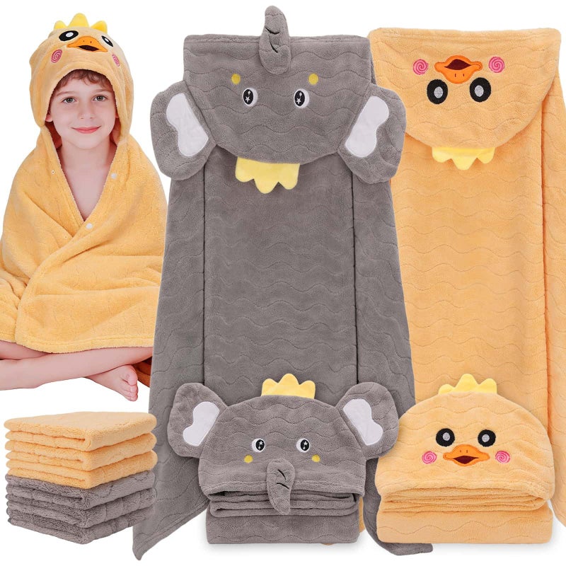 Flasoo 8 Pcs Toddler Bath Towel Set, 2 Pcs Toddler Towels with Hood, Large 55" x 27.5" Toddler Towels & 6 Pcs Baby Washcloths for Boy Girl, Soft Absorbent Gift for Baby, Infant, Newborn Essential - Image 1