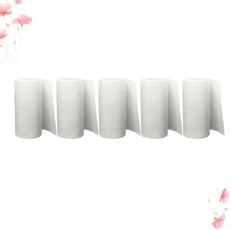 5 Rolls Kitchen Paper Towels White Household Oil Absorption Tissue Soft Wood Fiber Kitchen Wipes for Home Daily Use and Office Cleaning - Image 4