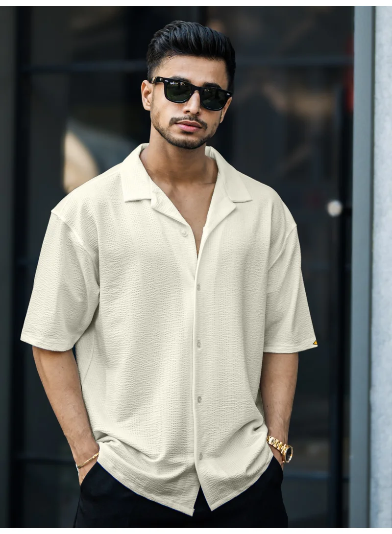 Maniac Maniac Mens Textured Collared Neck Beige SeerSucker Fabric Shirt