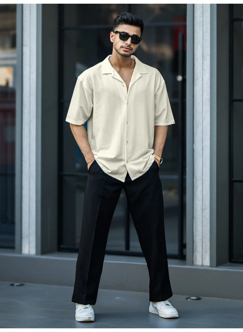Maniac Maniac Mens Textured Collared Neck Beige SeerSucker Fabric Shirt